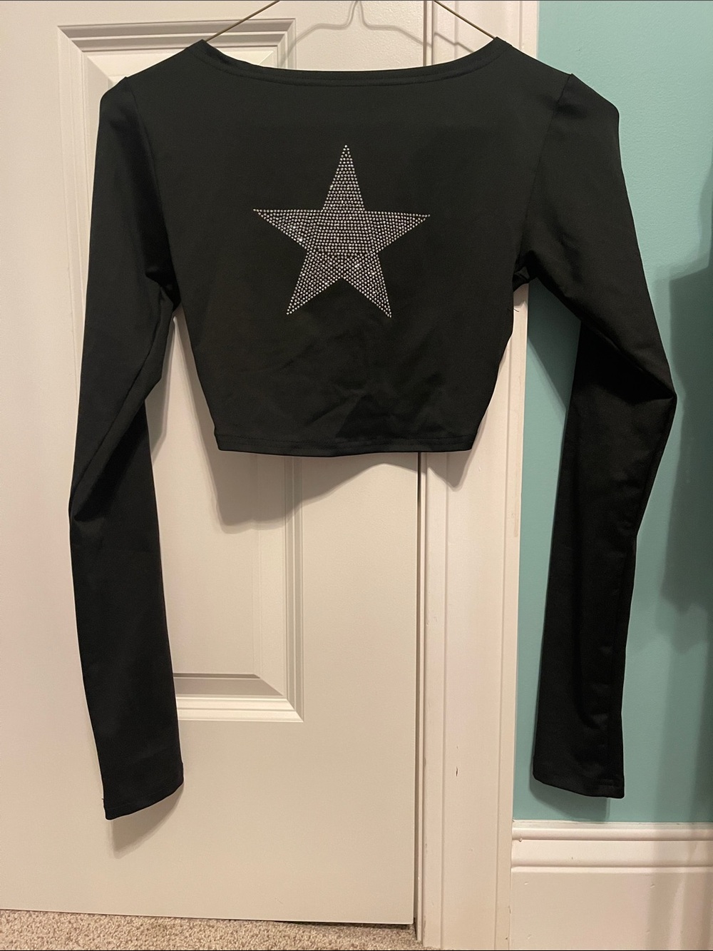 Edikted Black Long Sleeve Crop Top with Rhinestone Star